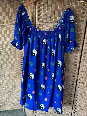 Dressed in LALA Royal Blue Smocked Mini Dress with Yin Yang Print